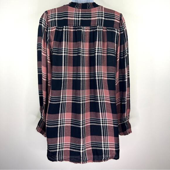 LOFT Shimmer Plaid Smocked Tie Neck Blouse Size S Pink Black Mock Tunic Length - Picture 8 of 12